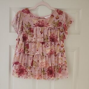 LC Lauren Conrad Floral Ruffle Top - Pink and Red